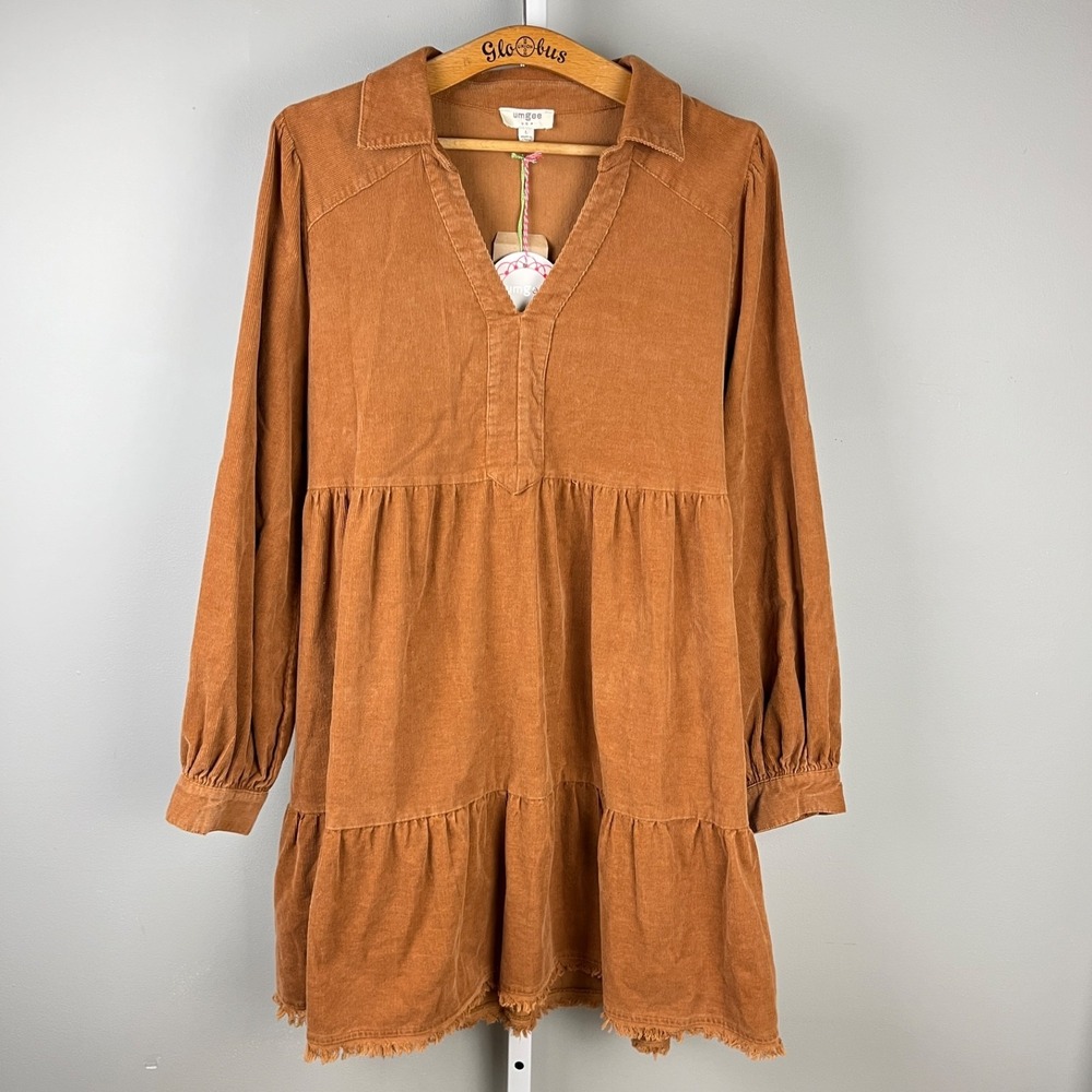 Umgee USA Corduroy Dress Womens L Light Brown Camel Boho Western New NWT - Picture 2 of 6